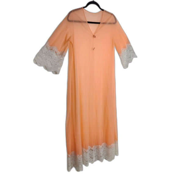 Vintage 60s 70s Robe Duster Flowy Glam BOHO Bell Sleeve Sheer Lace Coral Peach S - Picture 15 of 16